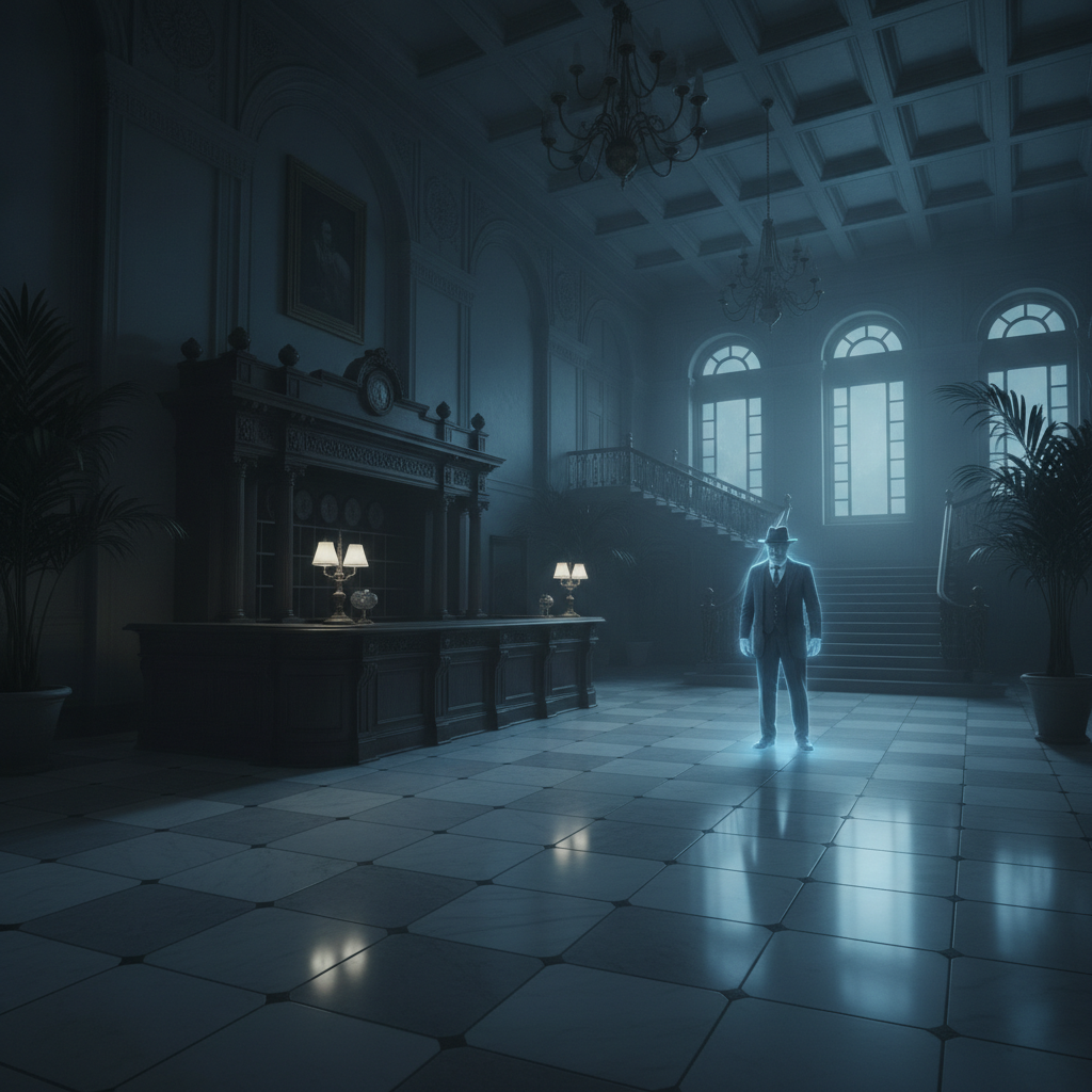 A ghostly figure in a vintage hotel lobby