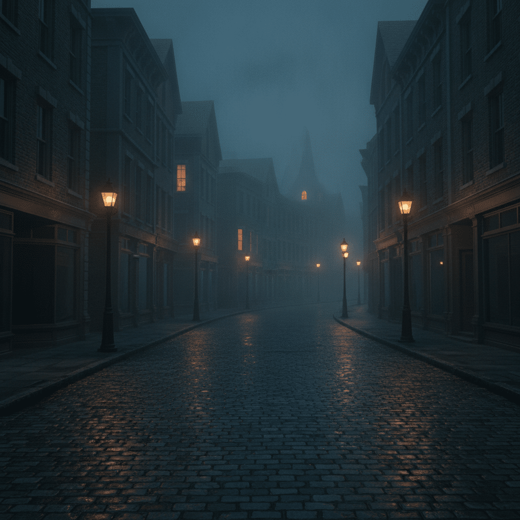 Foggy Victorian downtown street at night