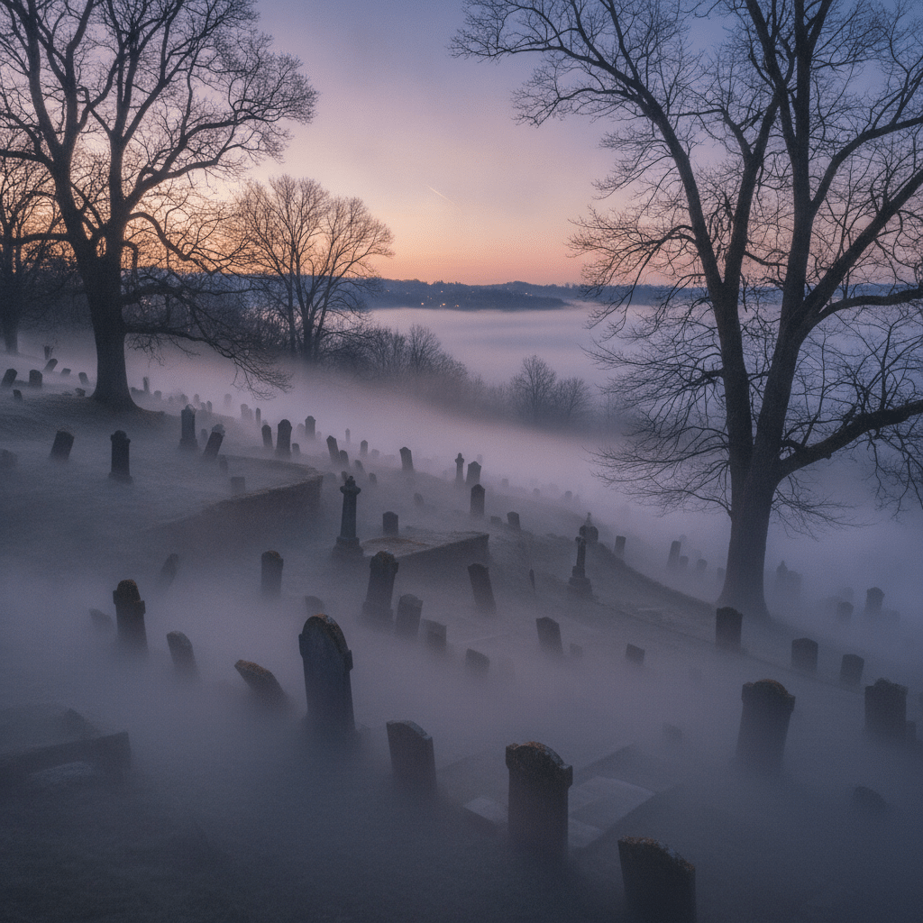 Old hillside cemetery in fog
