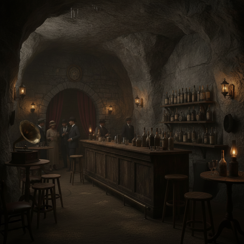 A 1920s speakeasy cave passage