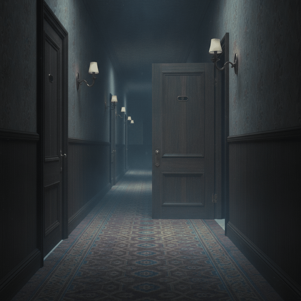 Dim Victorian hotel hallway